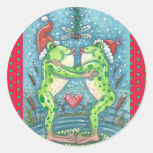KISSENDE FROGS, DRAGONFLY MISTLETOE HOLIDAY STICKE RONDE STICKER