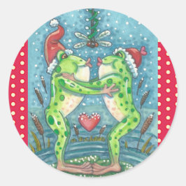 KISSENDE FROGS, DRAGONFLY MISTLETOE HOLIDAY STICKE RONDE STICKER