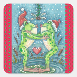 KISSENDE FROGS, DRAGONFLY MISTLETOE HOLIDAY STICKE VIERKANTE STICKER