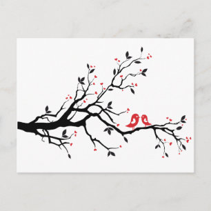 Kissende vogel op boomtak met rode hartbladeren briefkaart