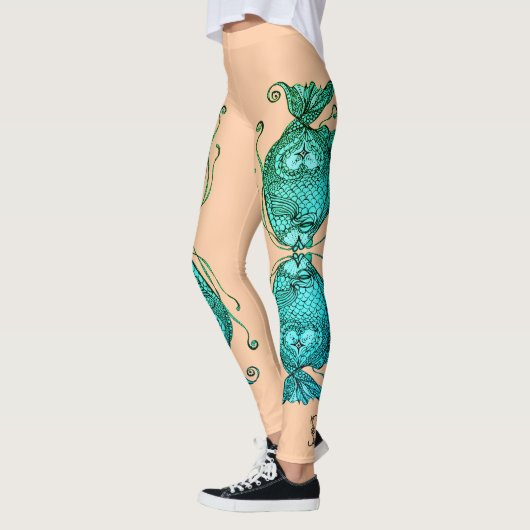 Kissing Fish Art Peach Teal Leggings (Links)
