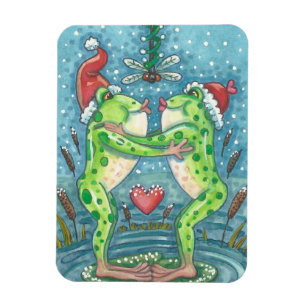 KISSING FROGS, DRAGONFLY MISTLETOE HOLIDAY MAGNET