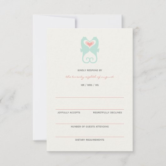 Kissing Seahorses Love Hearts Beach Wedding RSVP (Devant)