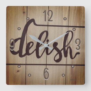 Kitchen Graphics Word DELISH Rustic Brown Vierkante Klok