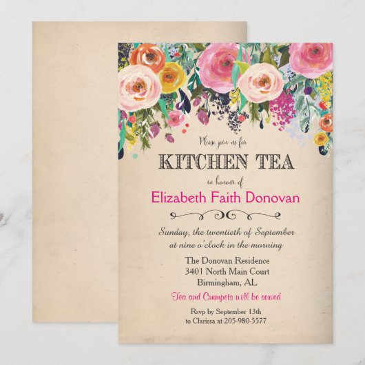 Kitchen Tea Floral Aquarelle Invitation (Devant / Derrière)