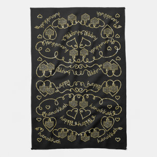 Kitchen Towel "Hanukkah Gold Hearts/Dreidels" Theedoek