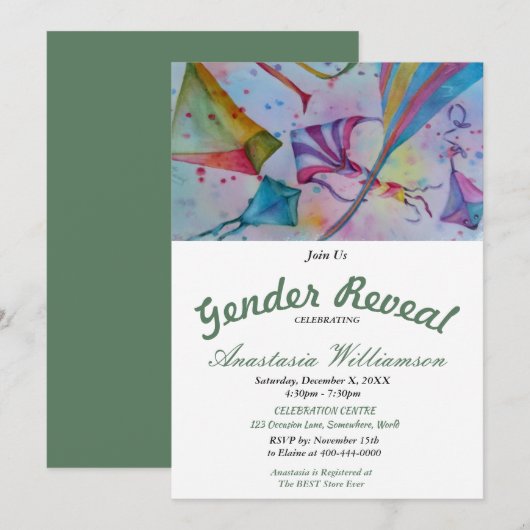 KITE FLYING BABY GENDER REVEAL PARTY INVITATION (Devant / Derrière)