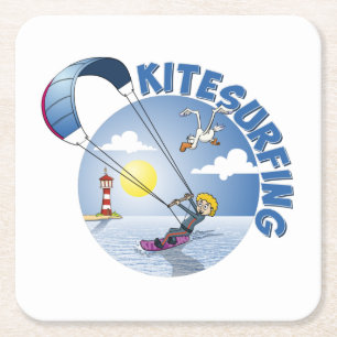 Kite surfing blue illustration. vierkante kartonnen onderzetter