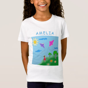 Kites Grass Bloemenmeisje Zonnetekening T-shirt