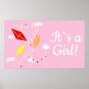Kites in Sky Pink Het is een meisje Baby shower Poster