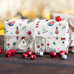 Kitsch Kerstmis Retro Ornamenten & Boom Patroon Cadeaupapier