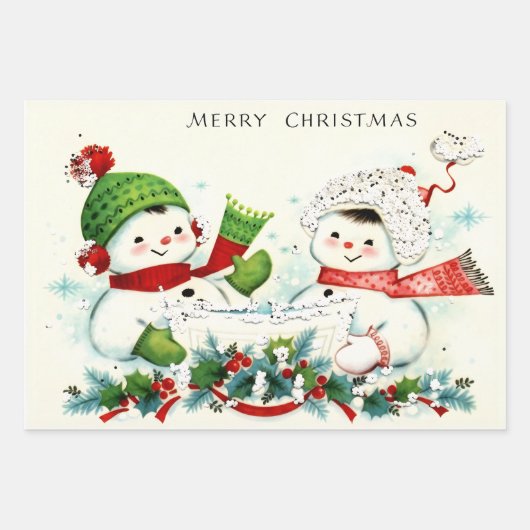 Kitschy Retro Snowmen Inpakpapier Vel (Voorkant)