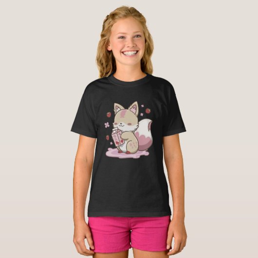 Kitsune Aardbeienmelk – Schattigee Fox Yokai esthe T-shirt (Voorkant volledig)