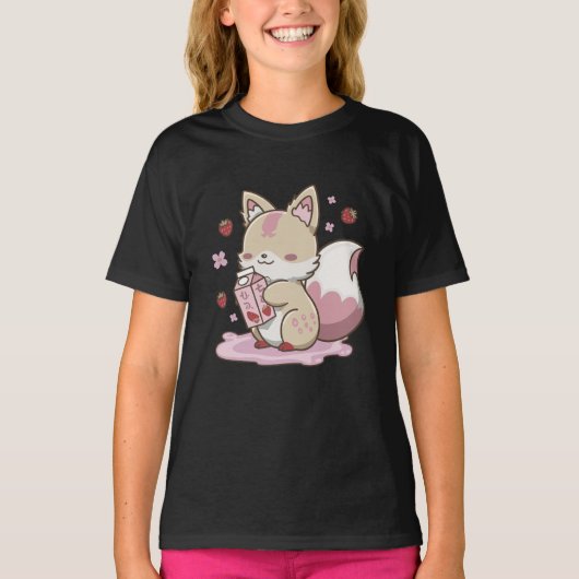 Kitsune Aardbeienmelk – Schattigee Fox Yokai esthe T-shirt (Voorkant)