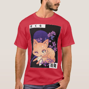 Kitsune Fo Kanji Hanami Cherry Flower Japans Sak T-shirt