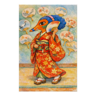 Kitsune in Kimono met Rozen – Japanse Vossegeest Perfect Poster