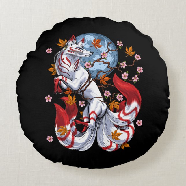 Kitsune Japanese Fox Rond Kussen (Voorkant)