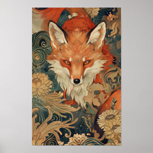 Kitsune Japanse vos illustratie in Mucha stijl A Poster