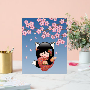 Kitsune Kokeshi Doll Black Fox Geisha Girl Blauw Acryl Bord