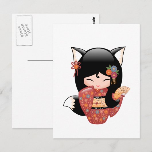 Kitsune Kokeshi Doll - Black Fox Geisha Girl Briefkaart (Voorkant / Achterkant)