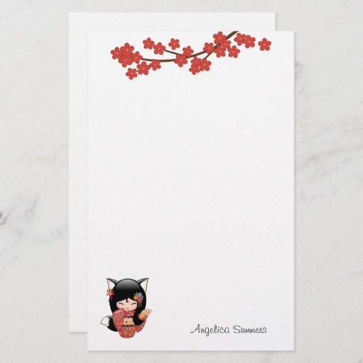 Kitsune Kokeshi Doll - Black Fox Geisha Girl Briefpapier (Voorkant / Achterkant)