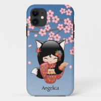 Kitsune Kokeshi Doll - Black Fox Geisha Girl