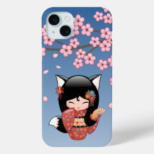 Kitsune Kokeshi Doll - Black Fox Geisha Girl iPhone 15 Mini Hoesje