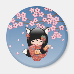 Kitsune Kokeshi Doll - Black Fox Geisha Girl Magneet