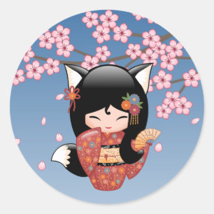 Kitsune Kokeshi Doll - Black Fox Geisha Girl Ronde Sticker