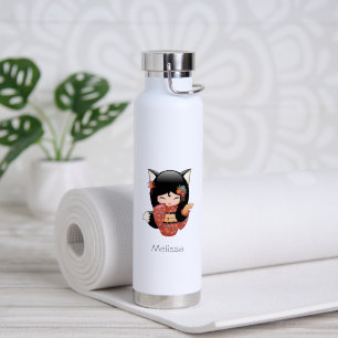 Kitsune Kokeshi Doll - Black Fox Geisha Girl Waterfles