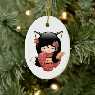 Kitsune Kokeshi Doll - Black Fox Geisha Keramisch Ornament