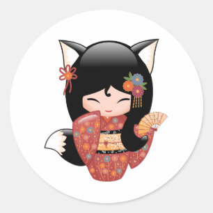 Kitsune Kokeshi Doll - Black Fox Girl Ronde Sticker