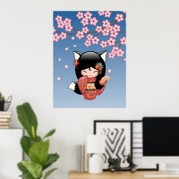 Kitsune Kokeshi Pop - Zwarte Vos Geisha Meisje