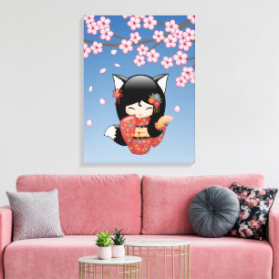 Kitsune Kokeshi Pop - Zwarte Vossen Geisha Meisje Canvas Afdruk