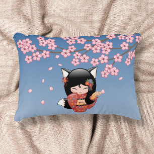 Kitsune Kokeshi Pop - Zwarte Vossen Geisha Meisje Decoratief Kussen