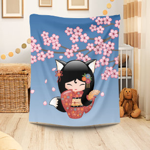 Kitsune Kokeshi Pop - Zwarte Vossen Geisha Meisje Fleece Deken
