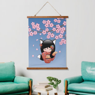 Kitsune Kokeshi Pop - Zwarte Vossen Geisha Meisje Hangend Wandkleed