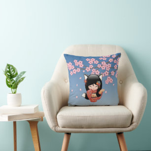 Kitsune Kokeshi Pop - Zwarte Vossen Geisha Meisje Kussen