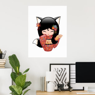 Kitsune Kokeshi Pop - Zwarte Vossen Geisha Meisje Poster
