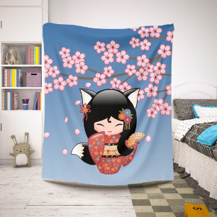 Kitsune Kokeshi Pop - Zwarte Vossen Geisha Meisje Sherpa Deken
