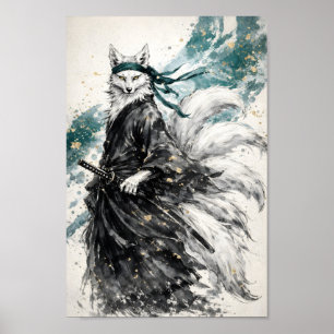 Kitsune Negen Staarten Vos Samurai Inkt Wassen Kun Poster
