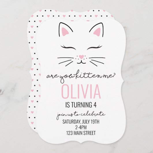 Kitten Anniversaire Invitation avec coeur rose kit (Devant / Derrière)