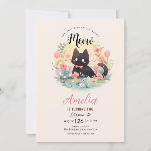 Kitten Black Kitty Chat Anniversaire Invitation (Devant)
