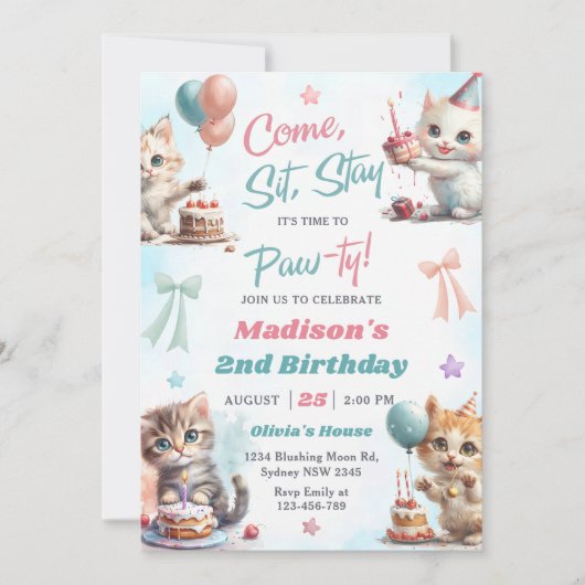Kitten Cat Let's Pawty Uitnodiging voor het 2e ver (Voorkant)