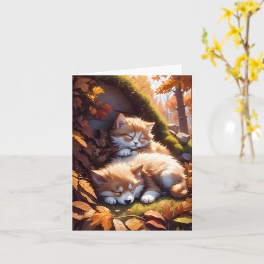 Kitten Chien Endormi Feuilles D'automne Carte De V (Fleur jaune)