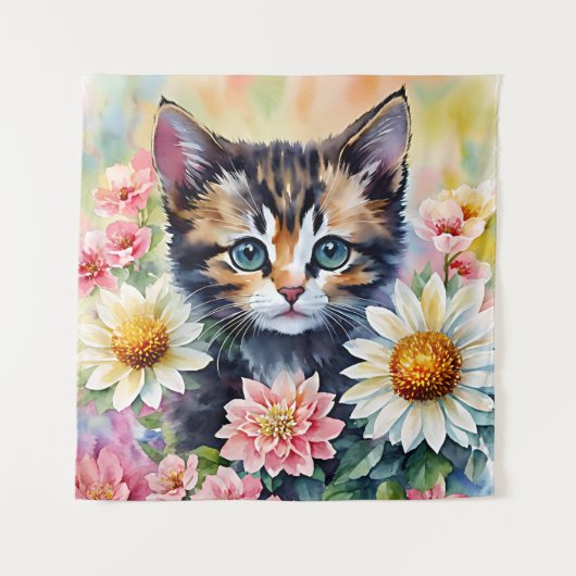 Kitten Daisy Flowers Waterverf Kunst Wandkleed (Voorkant)