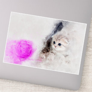Kitten die speelt met een roze garen bal aquarel sticker