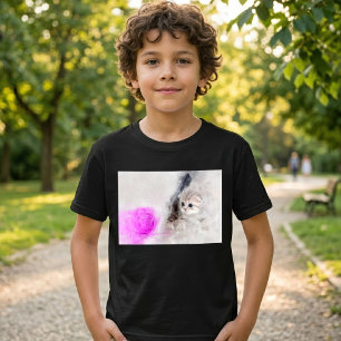 Kitten die speelt met een roze garen bal aquarel t-shirt