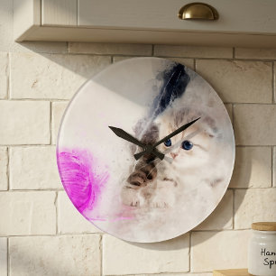Kitten die speelt met een roze garenbal aquarel grote klok