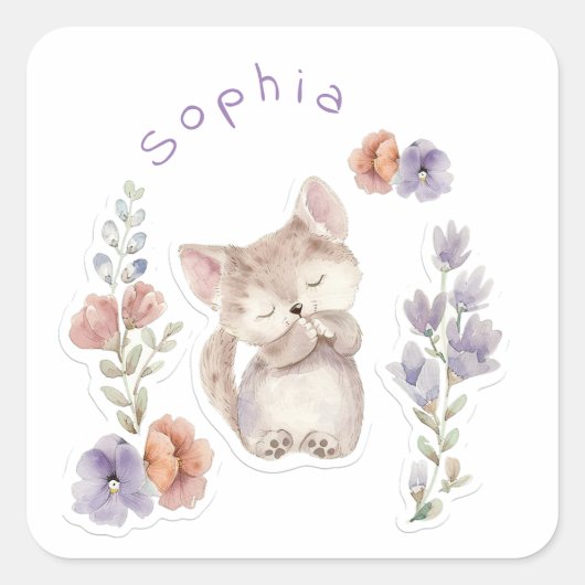 Kitten en bloemen, gepersonaliseerd vierkante sticker (Voorkant)